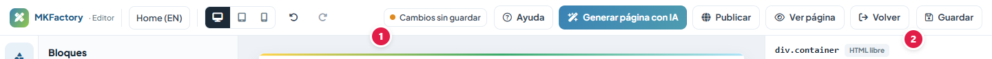 Barra superior con cambios sin guardar