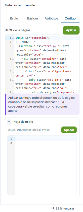 Pestaña Código con el HTML de la página